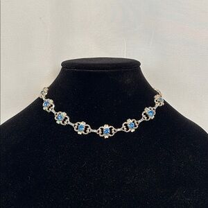 Vintage Silver Toned Choker Necklace Linked Flower Motifs with Blue Rhinestones
